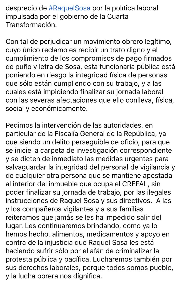 CREFALUnidos's tweet photo. @Claudiashein RaquelSosa criminaliza la lucha obrera de los trabajadores del #CREFAL y amenaza a los representantes legítimos. Los directivos por órdenes de Raquel someten a más de 48 horas continuas de trabajo a su personal de vigilancia. https://t.co/RdEtwJbitl