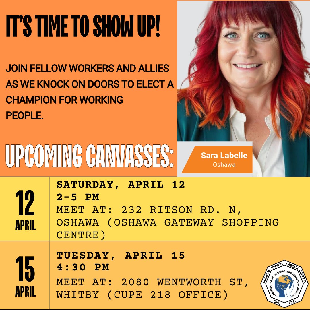 We need a voice who will fight for us, not for the bosses and corporations! Join your fellow workers and allies as we knock on doors to elect a true champion for working people. <a href="/saralabellefor1/">SaralabelleforOshawa</a>