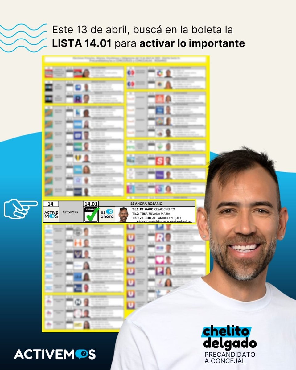 SilvanaTeisa's tweet photo. 🗳️ Este 13 de abril te pedimos que nos acompañes con tu voto.

Con César Chelito Delgado, estamos convencidos de que desde el Concejo podemos trabajar por y para los barrios de nuestra ciudad.

 #Activemos que #EsAhora y es por acá

Lista 14.01 – Es Ahora #Rosario https://t.co/hSrqF4jDbg