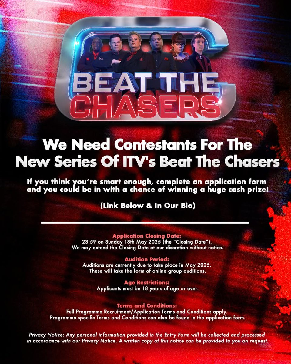ITV are looking for the next series of Beat The Chasers, you can apply here: eu.castitreach.com/a/itv/beatthec…