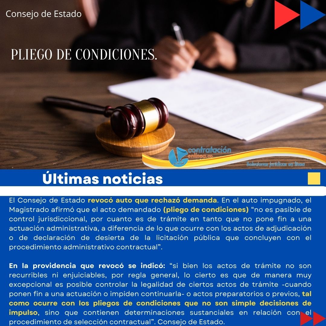 contrataenlinea's tweet photo. 🚨#Últimahora PLIEGO DE CONDICIONES. El Consejo de Estado REVOCÓ AUTO que rechazó demanda al considerar que los pliegos de condiciones son actos de mero trámite y por tanto NO son actos administrativos susceptibles de control jurisdiccional https://t.co/sQ5GHQEVgO https://t.co/osY3wcbzFb
