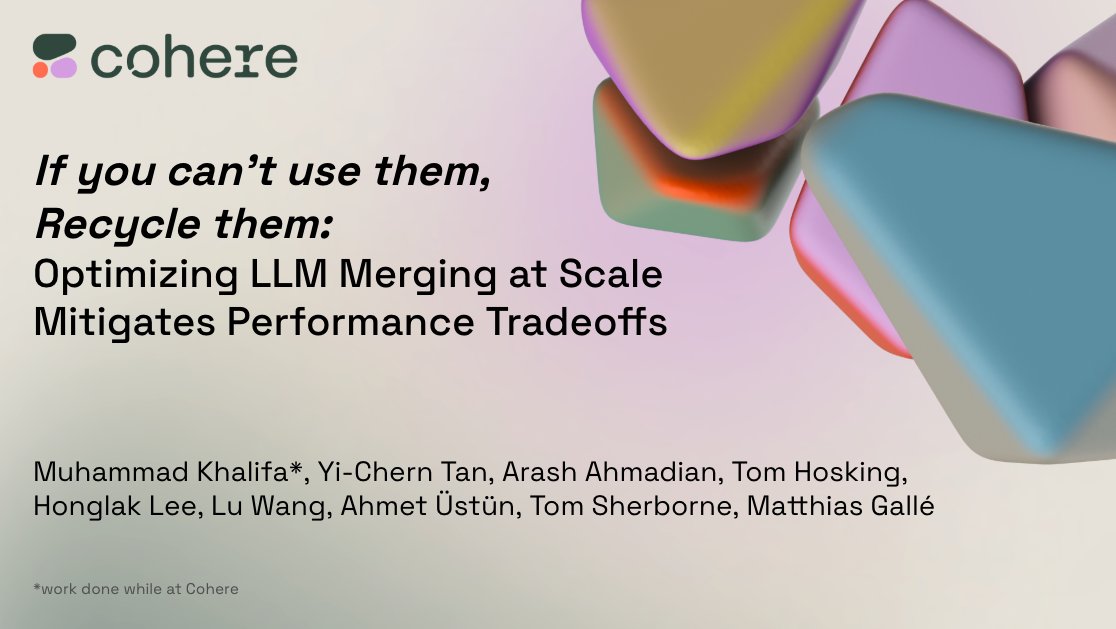Muhammad Khalifa (@mkhalifaaaa) on Twitter photo I gave a talk last week at DLCT <a href="/ml_collective/">ML Collective</a> on my work <a href="/cohere/">cohere</a> on model merging of 100B LLMs. Thanks <a href="/savvyRL/">Rosanne Liu</a> and <a href="/jasonyo/">Jason Yosinski</a> for hosting me!
Here are the slides: docs.google.com/presentation/d…
Paper: arxiv.org/abs/2412.04144 I gave a talk last week at DLCT <a href="/ml_collective/">ML Collective</a> on my work <a href="/cohere/">cohere</a> on model merging of 100B LLMs. Thanks <a href="/savvyRL/">Rosanne Liu</a> and <a href="/jasonyo/">Jason Yosinski</a> for hosting me!
Here are the slides: docs.google.com/presentation/d…
Paper: arxiv.org/abs/2412.04144