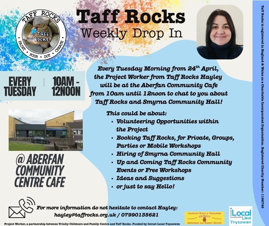 TaffRocks's tweet photo. Weekly drop in at Aberfan Community Centre Cafe every Tuesday with Hayley, our Project Worker 10am until noon starting 24th April https://t.co/PUjlHjl09K