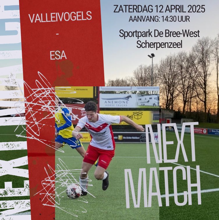 Next match! De competitie krijgt zaterdag 12 april 2025 een vervolg! Op sportpark De Bree-West te Scherpenzeel is ESA uit Arnhem de tegenstander. Aanvang is om 14:30 uur. Van harte welkom! #sameneendoel