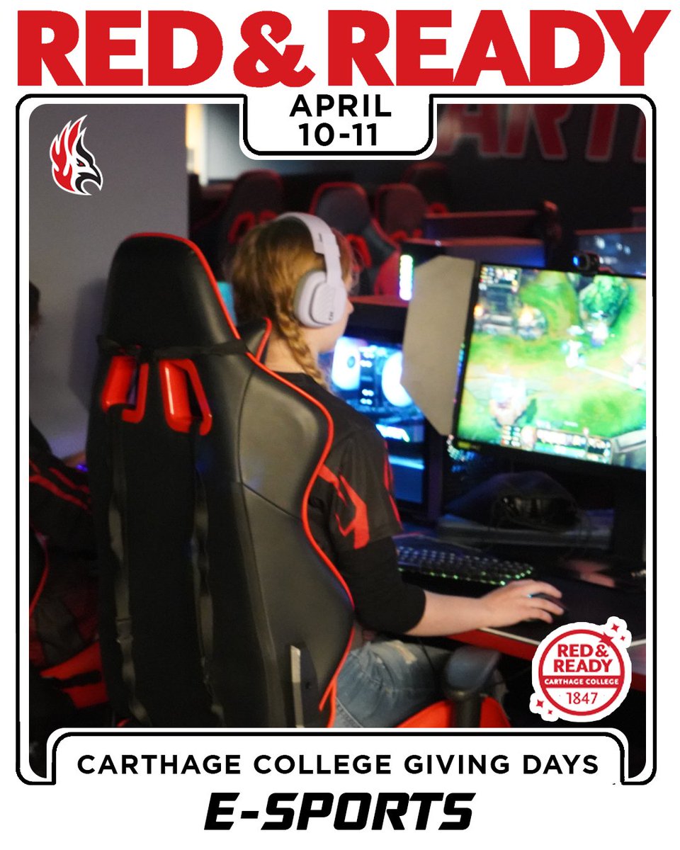 𝑹𝒆𝒅&amp;𝑹𝒆𝒂𝒅𝒚 𝑫𝒂𝒚📷
Firebird family, today kicks off the Red&amp;Ready Giving Days! Please consider using the link below to donate to your Carthage Firebirds Esports Team. 

Link to donate: givingday.carthage.edu/pages/home-2592...
#FuelTheFlame