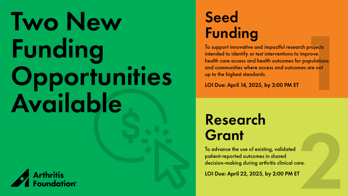 ArthritisFdn's tweet photo. We have two new #ArthritisScience funding opportunities available! Learn more: https://t.co/OjRLD1NA1z https://t.co/vPFk1b1ISx