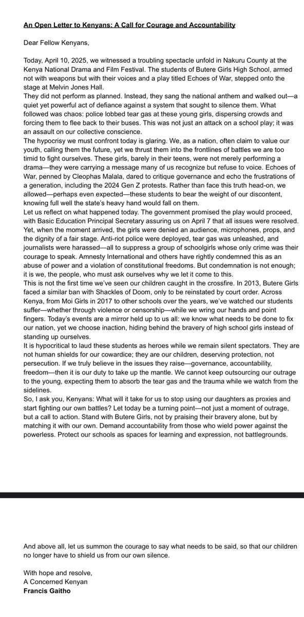 OPEN LETTER TO KENYANS: 

A CALL FOR COURAGE AND ACCOUNTABILITY 

You cannot send teenage girls to get harassed and tear-gassed on your behalf. This is a SHAMEFUL day for our country. 

#RutoMustGo