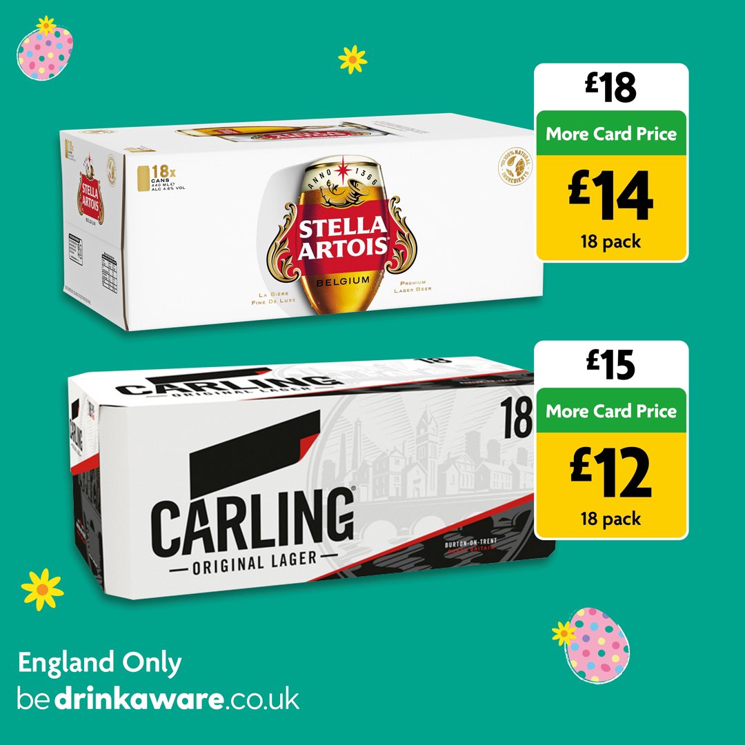 Cheers to the weekend💚 Pick up an 18 pack of Stella for £14 &amp; Carling for £12 when you scan your More Card🍺 Your fridge favourites, ready for the sunshine☀️