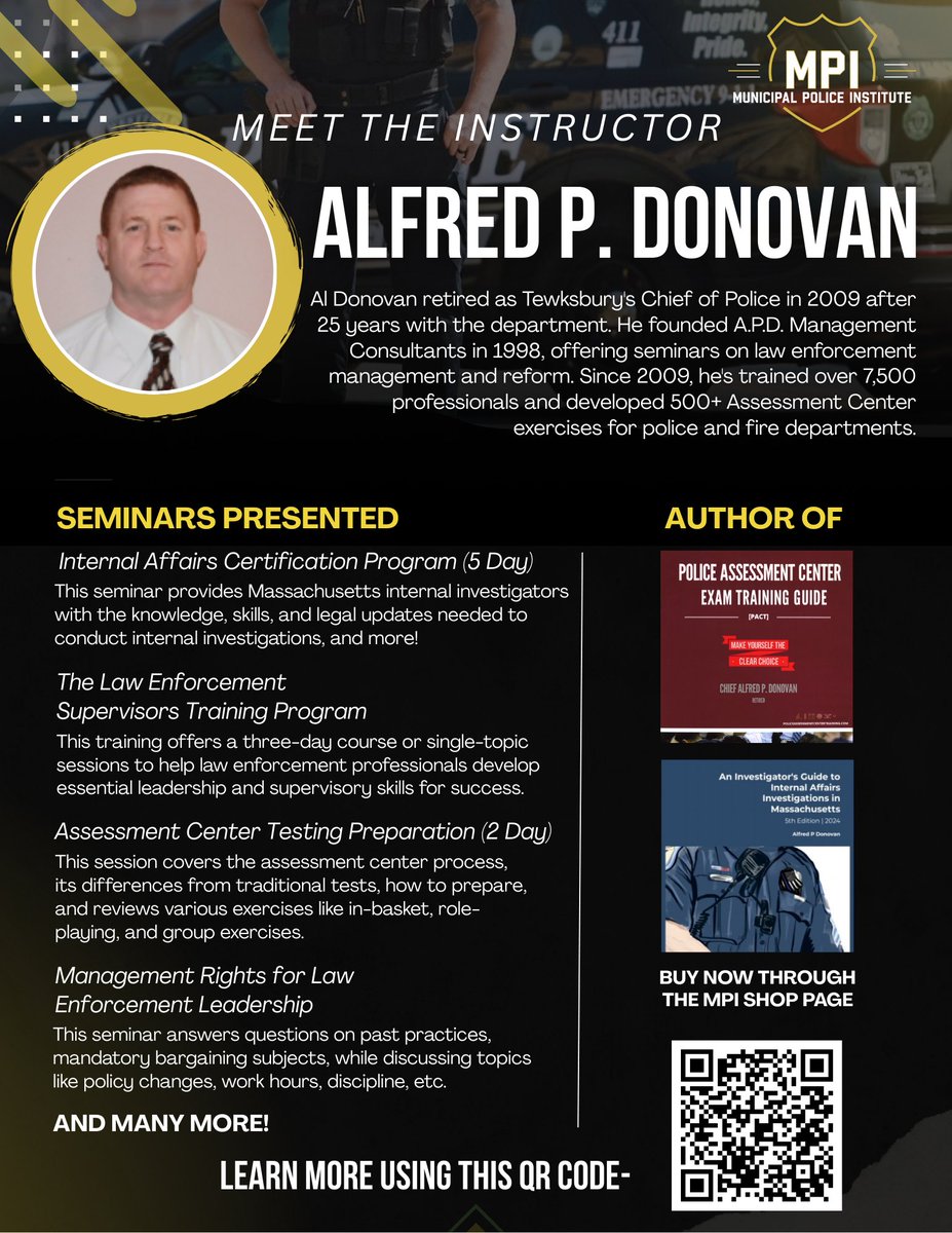 MPITraining's tweet image. Meet the Instructor - Alfred P. Donovan
Click the link below to read more!
mpitraining.com/people/alfred-…
#police #policetraining #mpi #leadership #massachusetts #lawenforcement #lawenforcementtraining #training #trainwiththebest