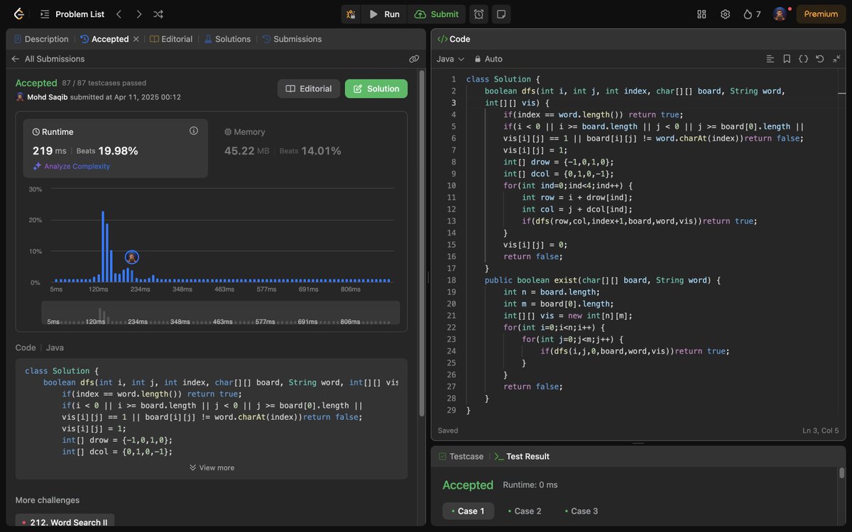 Mohd_Saqib_'s tweet photo. 🚀 Day 263 of Code 🚀
Took a deep dive into a classic grid traversal problem today!
✅ 79. Word Search (DFS)
#Code #LeetCode #DSA #DFS #Backtracking #Recursion #GridProblems #ProblemSolving #CodingChallenge #100DaysOfCode #letsconnect #connect https://t.co/pSYGN9KiIp