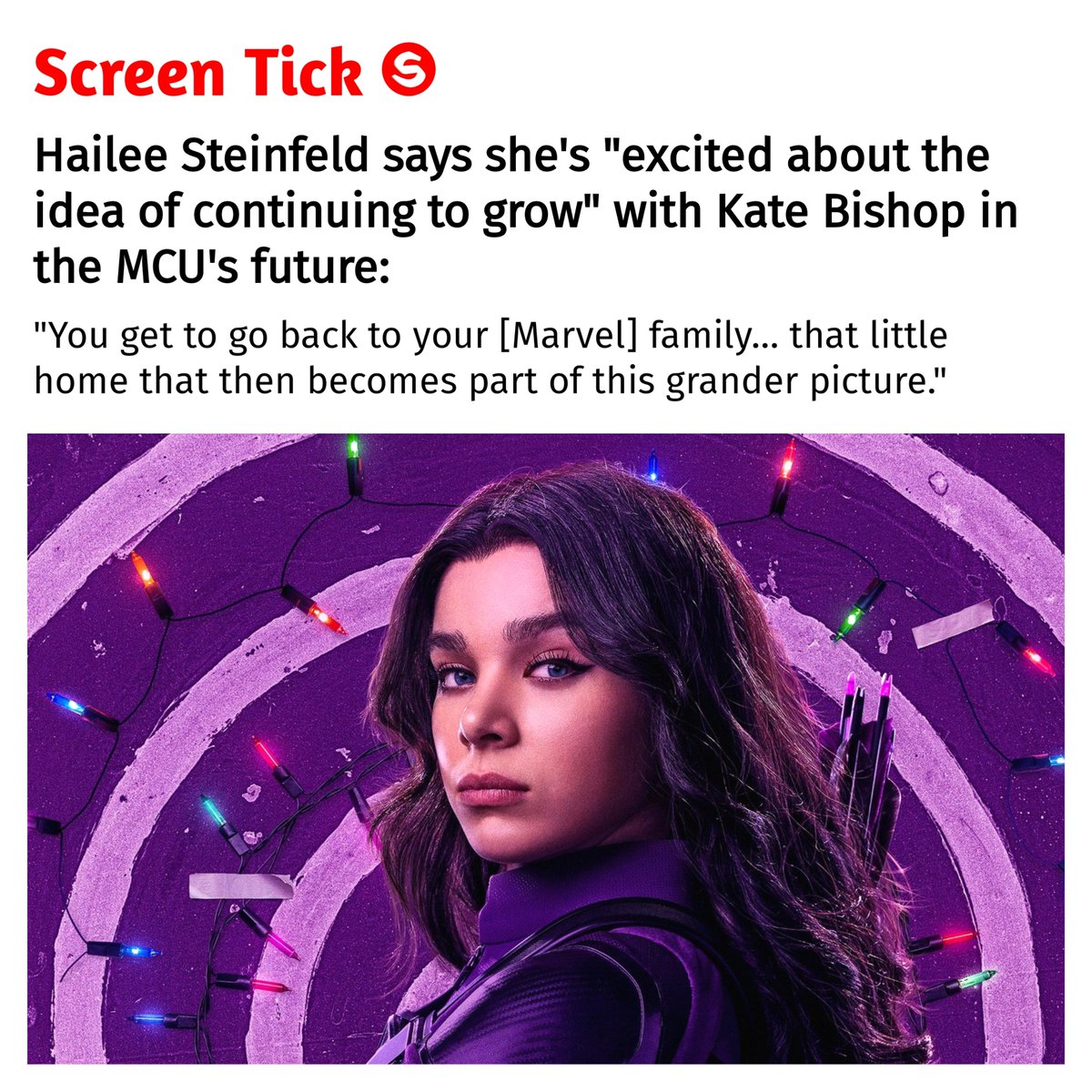 Hailee Steinfeld says she's "excited about the idea of continuing to grow" with Kate Bishop in the #MCU's future.