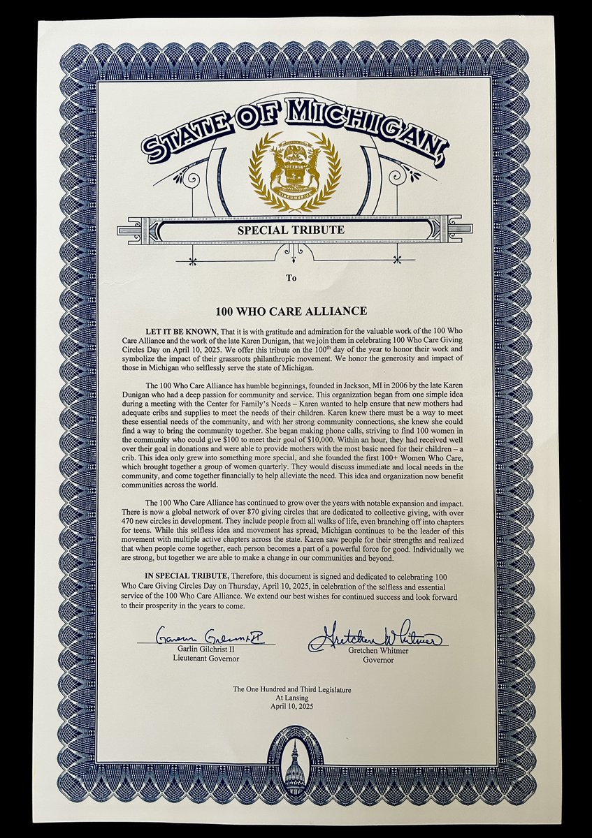 GinaFerwerda's tweet photo. Drumroll please! April 10, 2025 is now known as the 100 Who Care Giving Circles Day in Michigan. Thanks to the State of Michigan for this Special Tribute. https://t.co/oI2BDIWvI9