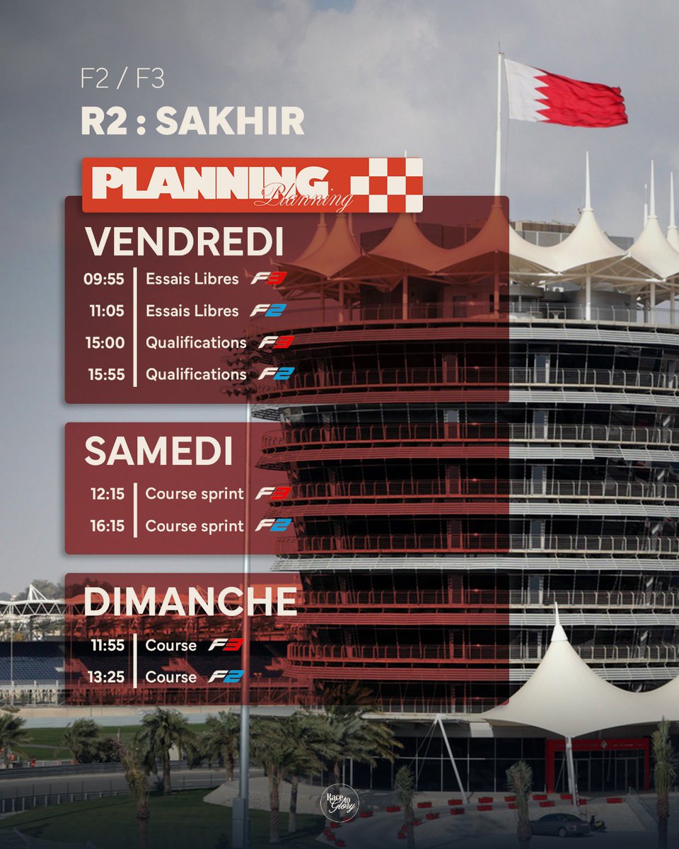 F2/F3 | PLANNING 

R2 de F2 &amp; F3 à SAKHIR ! 🏎️

🔺Nouveau week-end de course, le deuxième pour les 2 catégories. On aura à cœur cette fois de voir une course principale en F2 ! 🤞🏻

🚨Le Samedi, retrouvez l’équipe Race to Glory sur Twitch pour les sprints F2 et F3 !

#F2 #F3