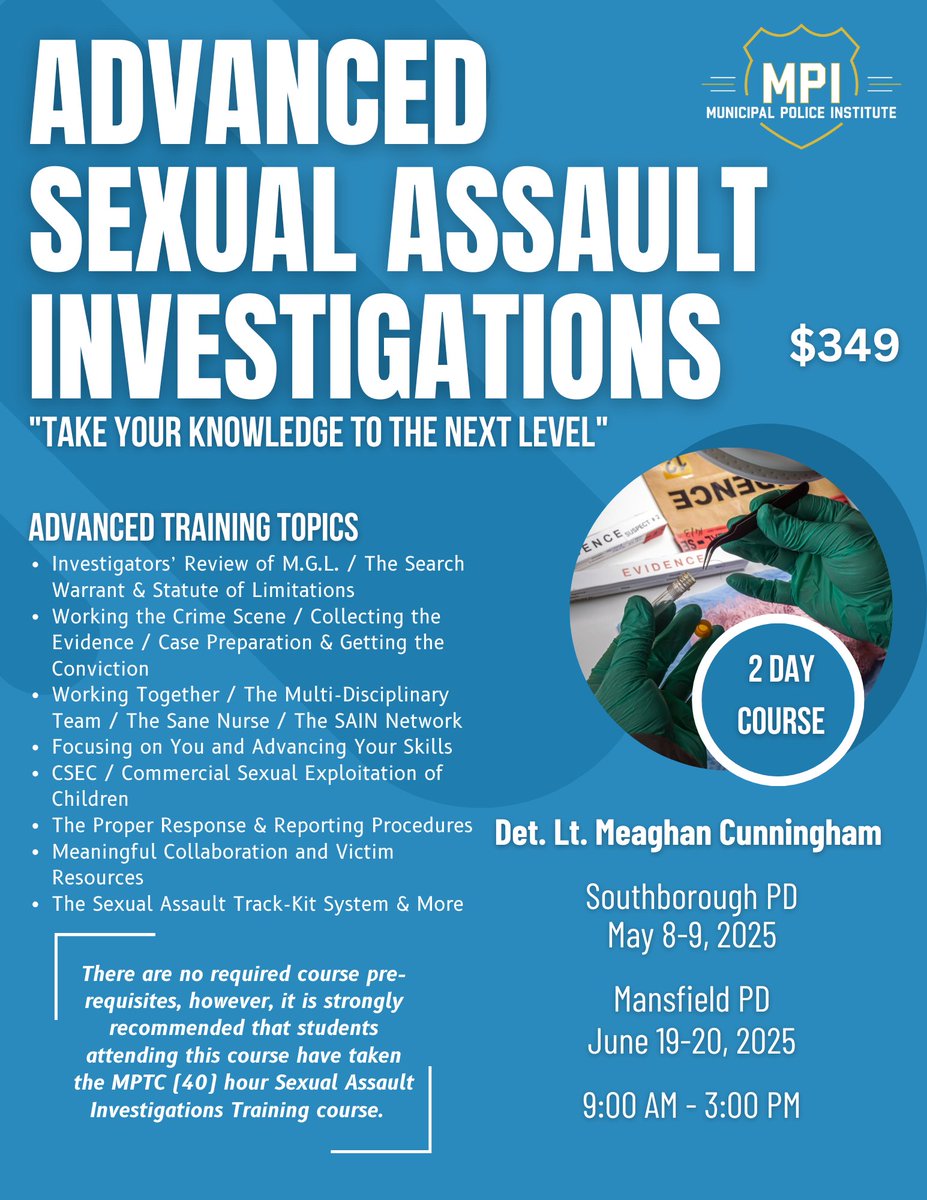 MPITraining's tweet image. Advanced Sexual Assault Investigations (2 Day)
Click the link below to read more!
mpitraining.com/people/detecti…
#police #policetraining #mpi #leadership #massachusetts #lawenforcement #lawenforcementtraining #training #trainwiththebest