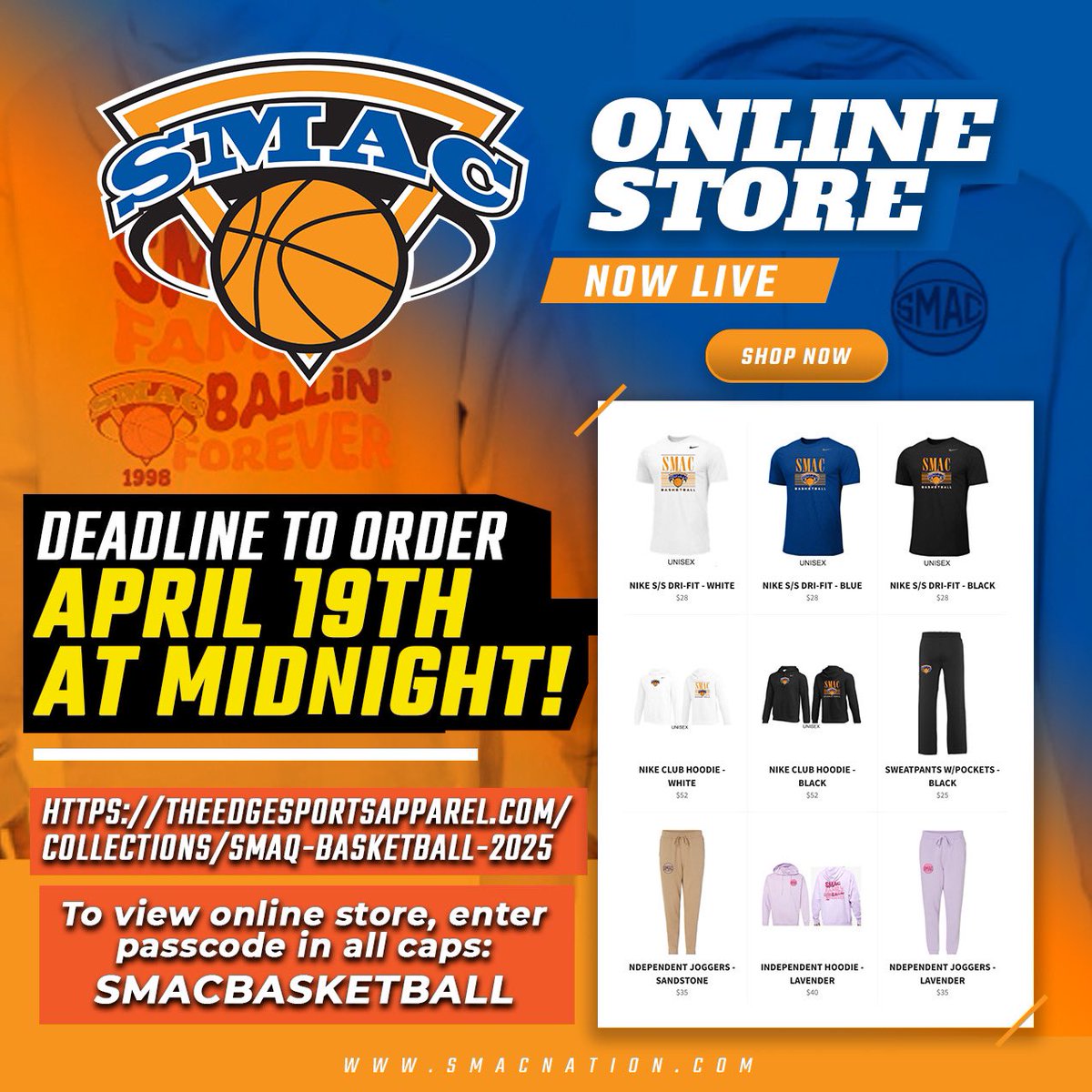 SMACBasketball's tweet image. BACK BY POPULAR DEMAND! 
2025 SMAC SWAG is back open! 
ICYMI the first 🌊- here’s your chance to buy your 🔥 SMAC swag! 
Orders due by April 19 at MIDNIGHT! 
Get your 📦 
🔗 smacnation.com/smac-store/?fb…

#SMACNATION