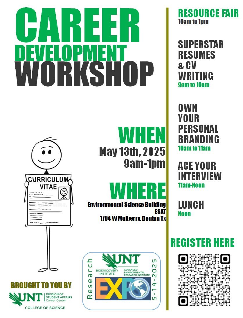 BDI_UNT's tweet image. Graduate Students and Postdocs! Please join us for the Career Development Workshop on May 13 (9am-1pm) at the Environmental Science Building (EESAT). The workshop will cover resumes, CV writing, personal branding, interviewing, and other helpful guidance for the job market!