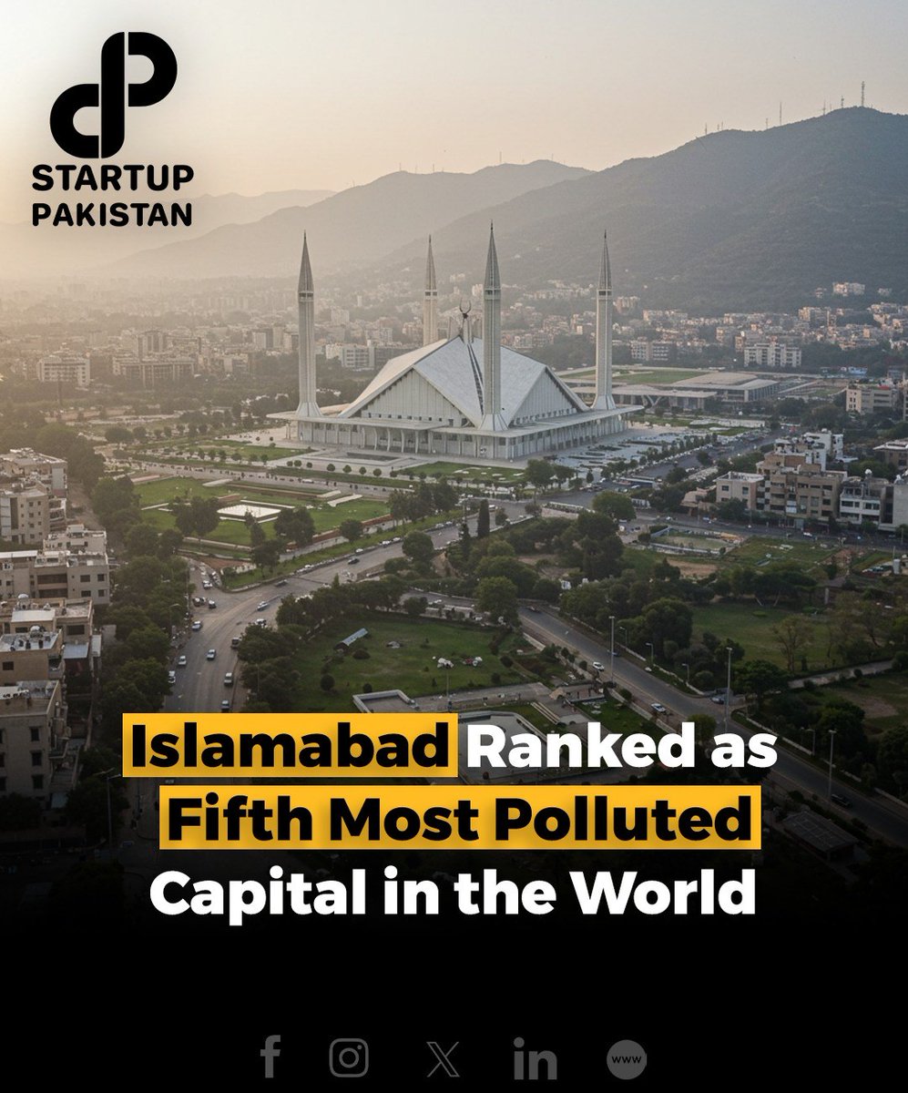 PakStartup's tweet photo. Islamabad has been ranked as the fifth most polluted capital globally in 2024, according to the latest World Air Quality Report by IQAir. 

#Islamabad #AirPollution #EnvironmentalCrisis #IQAir #PollutedCities https://t.co/ZVyaBDr4ss