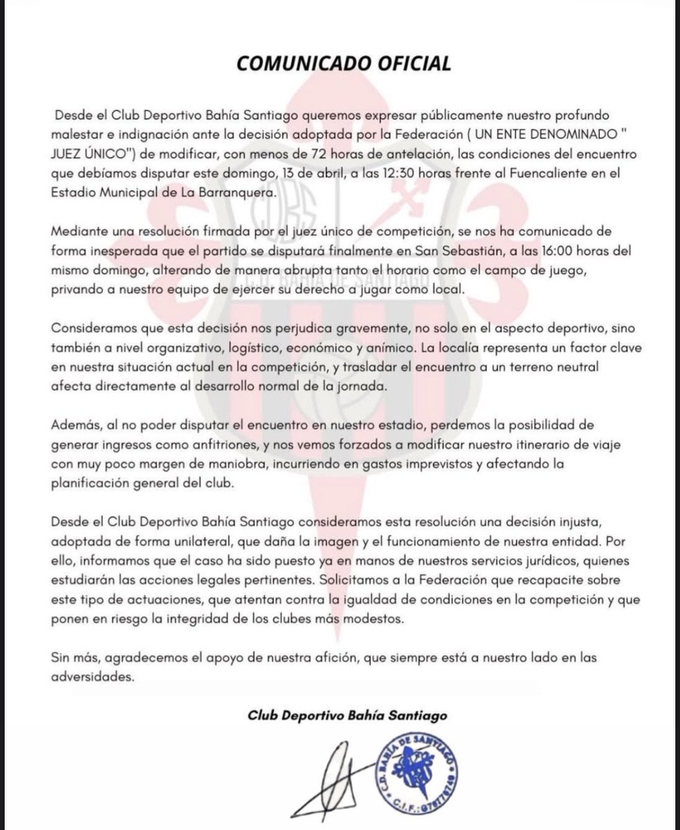 juanjo_ramos's tweet photo. La guerra interna de la @FIFTenerife amenaza con llevarse por delante competiciones serias. El @bahiadesantiago (Preferente) ha sido obligado a modificar su partido de hora (de 12:00 a 16:00) y su campo (a San Sebastián) por un problema en el desplazamiento del Fuencaliente.

La resolución del Juez Único de Competición es un disparate. Si me dicen que lo hace adrede para perjudicar a la directiva hasta igual me lo creo. 

Mañana lo trataremos en @DeportesCopeTfe.