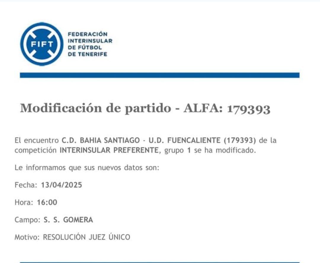 juanjo_ramos's tweet photo. La guerra interna de la @FIFTenerife amenaza con llevarse por delante competiciones serias. El @bahiadesantiago (Preferente) ha sido obligado a modificar su partido de hora (de 12:00 a 16:00) y su campo (a San Sebastián) por un problema en el desplazamiento del Fuencaliente.

La resolución del Juez Único de Competición es un disparate. Si me dicen que lo hace adrede para perjudicar a la directiva hasta igual me lo creo. 

Mañana lo trataremos en @DeportesCopeTfe.