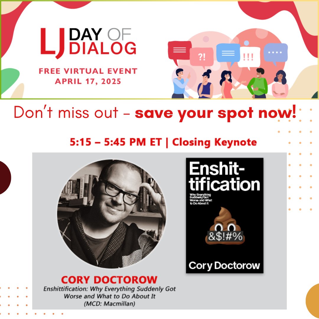 LJ Day of Dialog is almost here! Don't miss out on these amazing Keynote Speakers! 

📅 Thursday, April 17, 2025
⌚ 9:00 AM – 6:00 PM ET
🔗 hubs.la/Q03gS3RF0