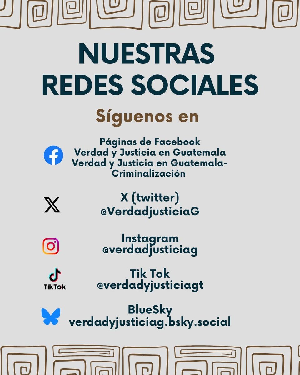 VerdadJusticiaG's tweet image. 📢 No te pierdas ninguna actualización:
Síguenos en nuestras diferentes plataformas 📱 y acompáñanos en la cobertura de audiencias ⚖️, análisis de casos 🧐 y mucho más.
¡Tu participación es clave para la #verdad 🕊️ y la #justicia ⚖️ en Guatemala!