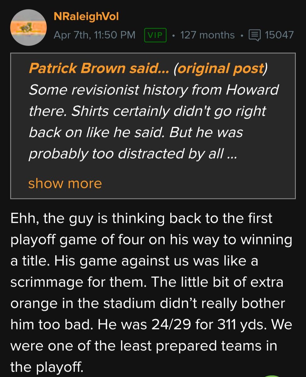 247 Tennessee mod wasn't too happy about Will Howard's comments on Gruden laughing about the Vols coming out with no shirts on. 

Then, a poster responded to the staff member.