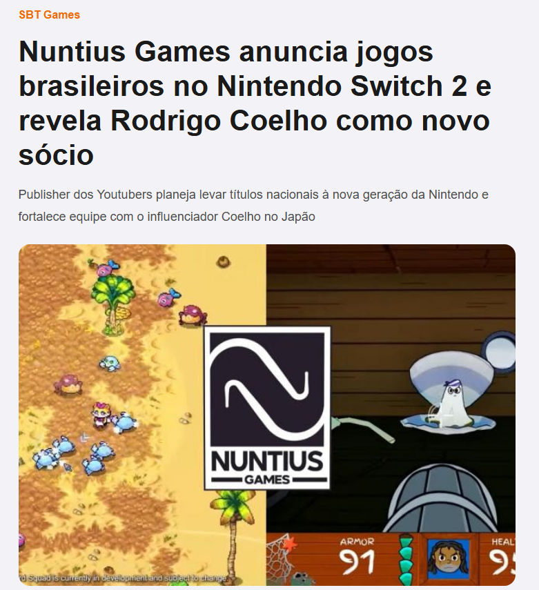 Que orgulho ver a notícia sobre o Coelho no <a href="/SBT_Games/">SBT Games</a>!

O Switch 2 que se prepare, porque estamos chegando! 👊