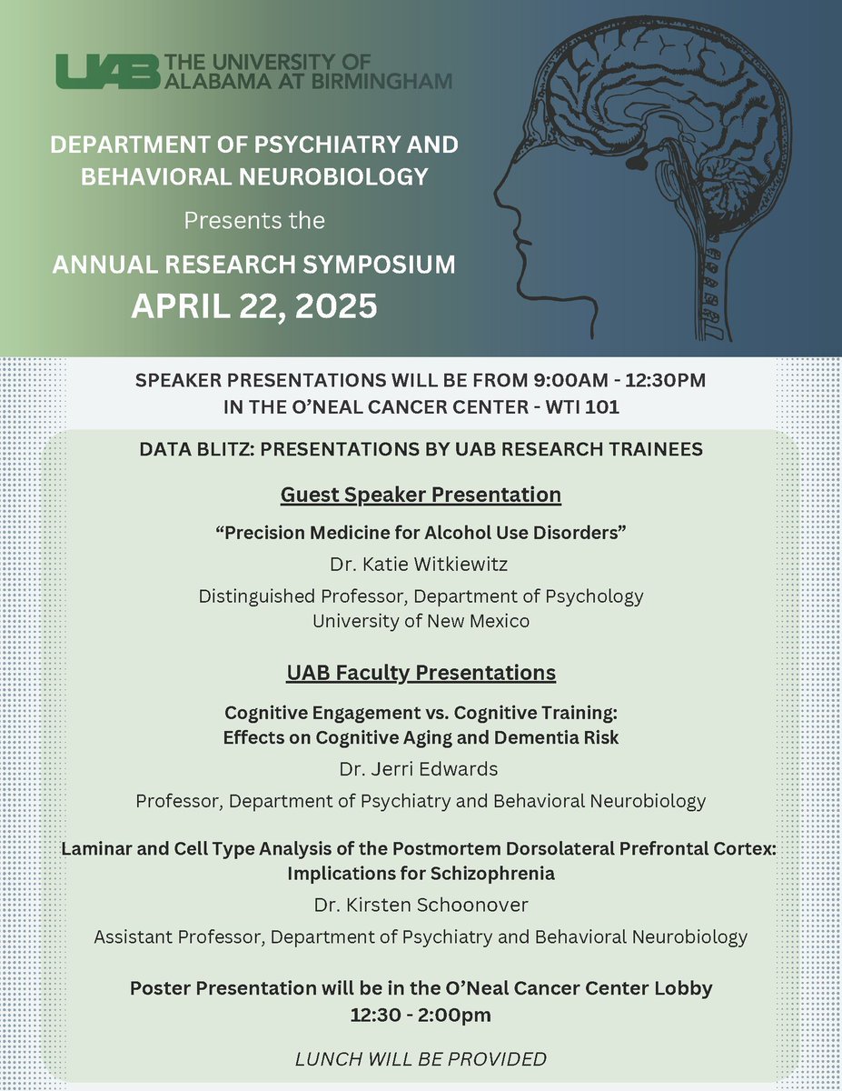 UAB Psychiatry (@uabpsychiatry) on Twitter photo COMING UP: Do you know what you're doing on Tuesday, April 22? Join us for our annual Research Symposium featuring Dr. Katie Witkiewitz from <a href="/PsychDeptUNM/">UNM Psychology Department</a>, faculty presentations, and poster presentations! See you there! <a href="/UABHeersink/">UAB Heersink School of Medicine</a> COMING UP: Do you know what you're doing on Tuesday, April 22? Join us for our annual Research Symposium featuring Dr. Katie Witkiewitz from <a href="/PsychDeptUNM/">UNM Psychology Department</a>, faculty presentations, and poster presentations! See you there! <a href="/UABHeersink/">UAB Heersink School of Medicine</a>