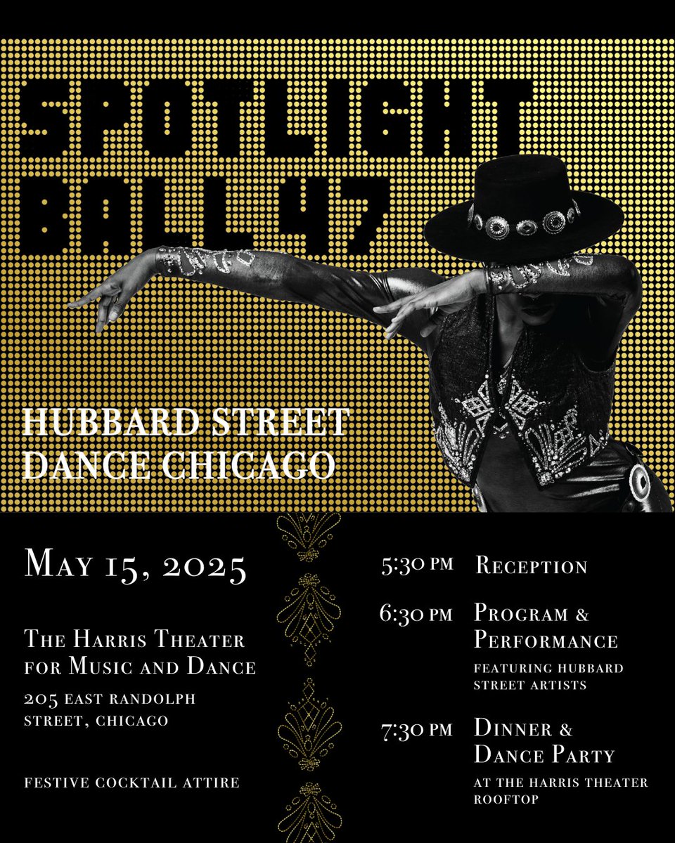 Join us on Thursday, May 15, 2025, as we celebrate the legendary artistry and dynamism of our artists. ✨ hubbardstreetdance.com/spotlightball
Don’t miss your chance to dance the night away with Hubbard Street!