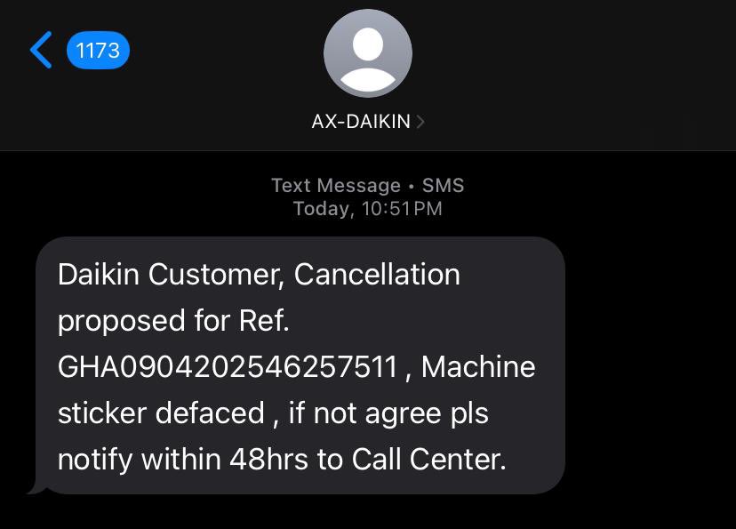 Saurabht74's tweet photo. @DaikinIndia @amazonIN Your tech came at 1:11 PM to install an AC I bought via Amazon. No airflow, no cooling ,he said PCB is faulty. I raised a request, and now I get a msg: “Cancellation proposed, sticker defaced.” This is false. I'm a cancer patient -need urgent help. #Daikin https://t.co/nyfVEdWI8m