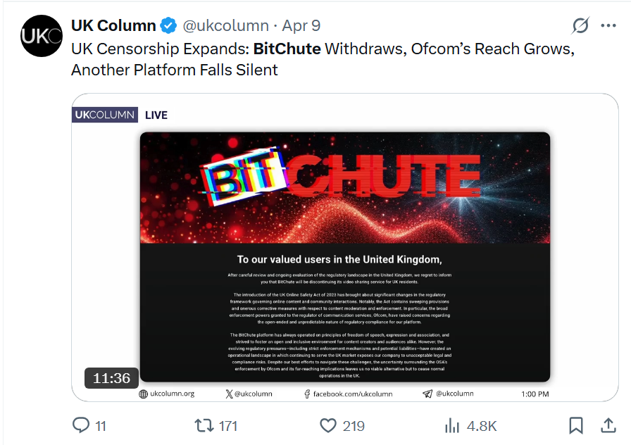 TheCraneReport's tweet photo. *Bitchute cancels itself*
Bitchute denies access to UK users.
Professional conspiraloons are having a meltdown.
#JacquiDivvy #HARTleaks #UKColumn https://t.co/oGzrIjEKGS