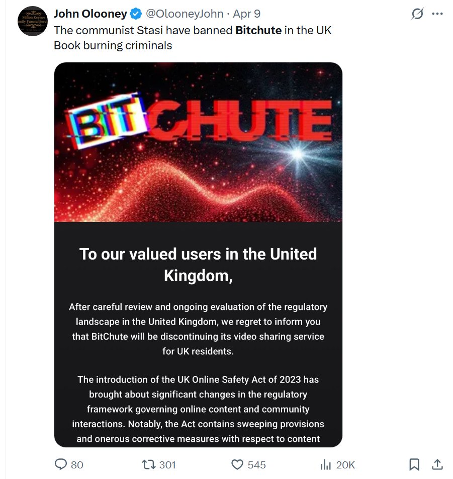 TheCraneReport's tweet photo. *Bitchute cancels itself*
Bitchute denies access to UK users.
Professional conspiraloons are having a meltdown.
#JacquiDivvy #HARTleaks #UKColumn https://t.co/oGzrIjEKGS