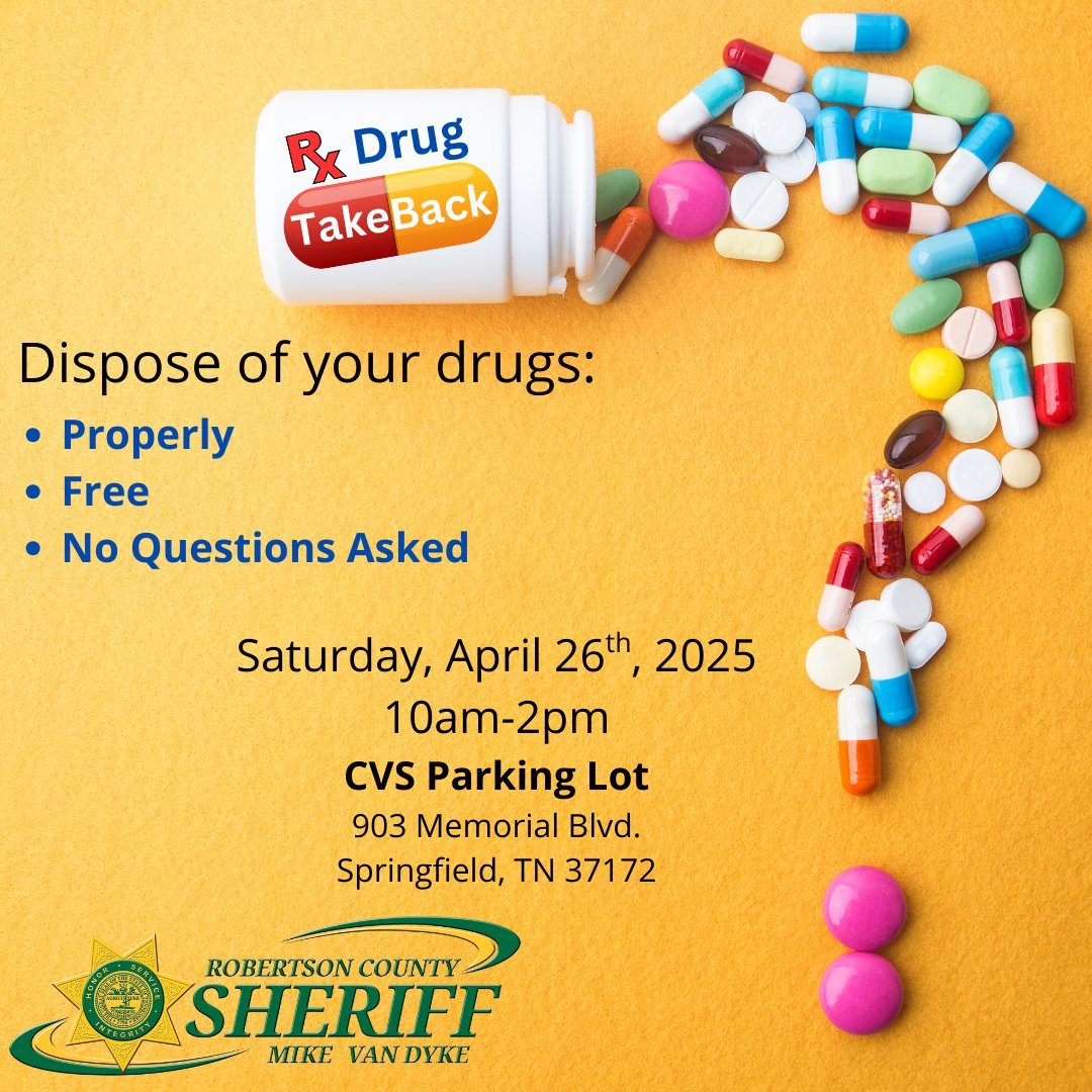 Mark your calendars💊

The #rcsoteam will host Prescription Drug Take-Back Day on Saturday, April 26th, 2025, to collect unused or expired medications.

🕙10:00am - 2:00pm
📍CVS Parking Lot - 903 Memorial Blvd.