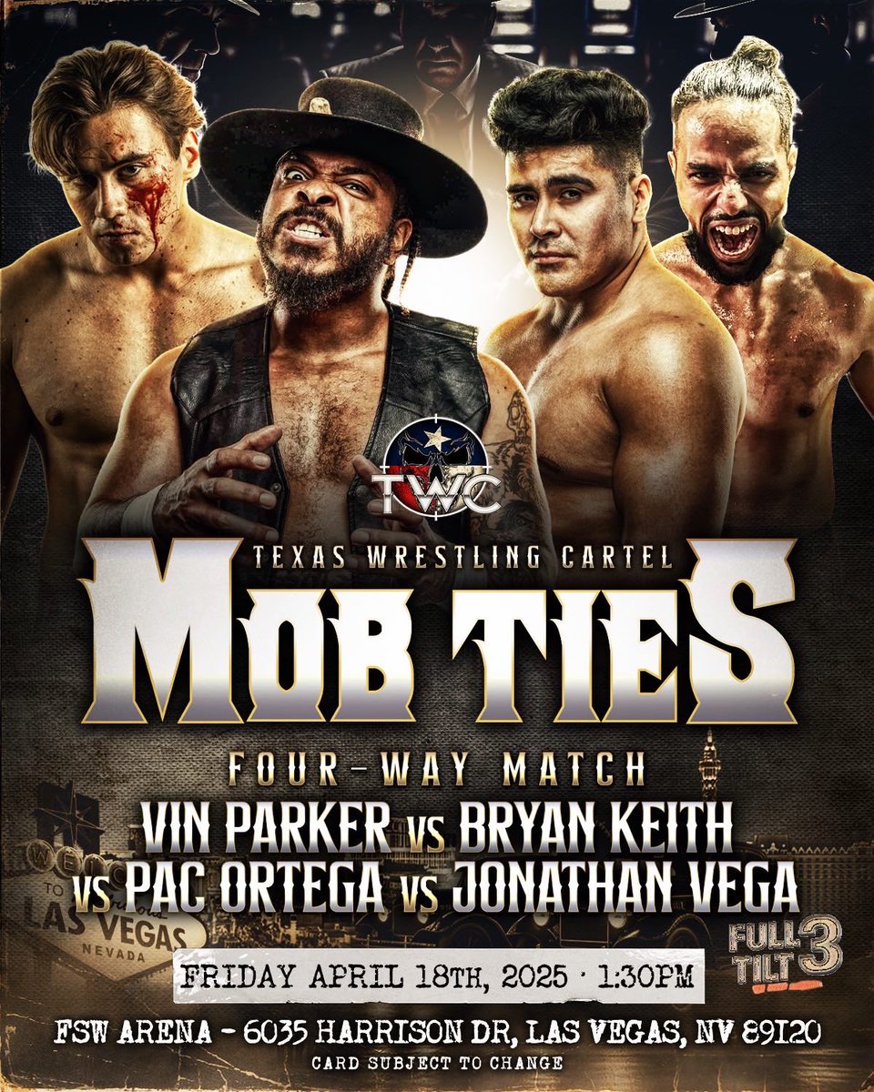 🚨 MATCH ANNOUNCEMENT 🚨

The lights are bright, the stakes are deadly, and the table is set for four men to put it all on the line.

One walks away with all eyes on him.  

📆: April 18, 2025
📍: LAS VEGAS, NEVADA
🎰: FSW ARENA
🎟️: texas-wrestling-cartel.ticketleap.com/mob-ties/
