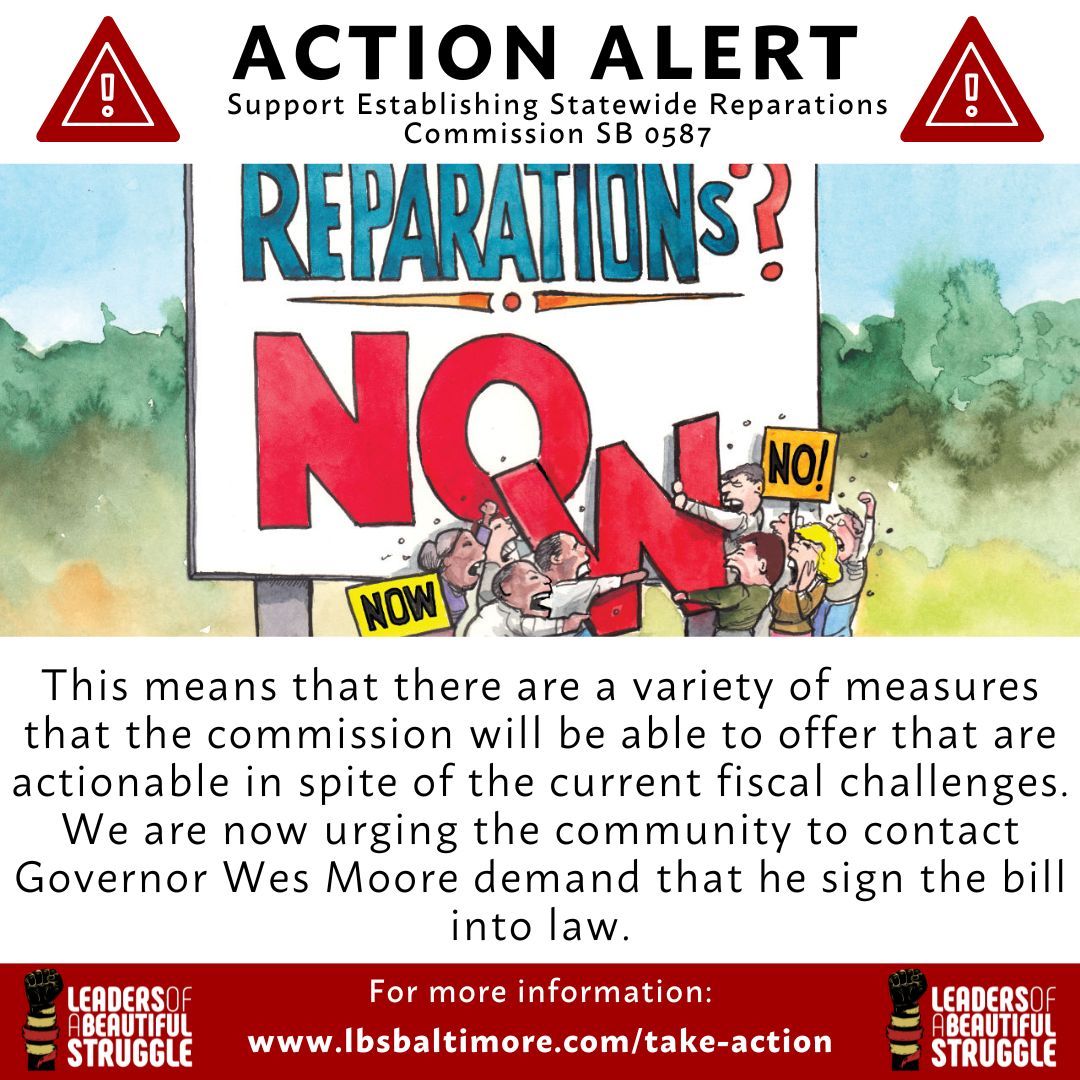 🚨 ACTION ALERT: Maryland we are in the finale stretch of Establishing a Statewide Reparations Commission to study the impact of enslavement, Jim crow, and other forms of oppression against Black people in Maryland🚨
bit.ly/4lrsb8Z 
‼️ Let the Governor hear your voice‼️