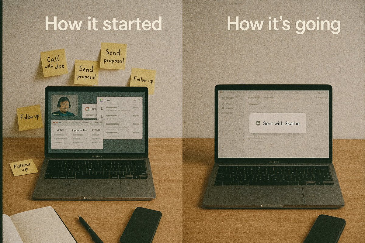 SkarbeAI's tweet photo. Before: Copy-pasting notes from calls, updating deals manually, checking 4 tools before writing a follow-up.

After: One inbox. One feed. AI that listens, writes notes, drafts follow-ups, and shows you exactly what to do next. https://t.co/tWXKEGTPxX