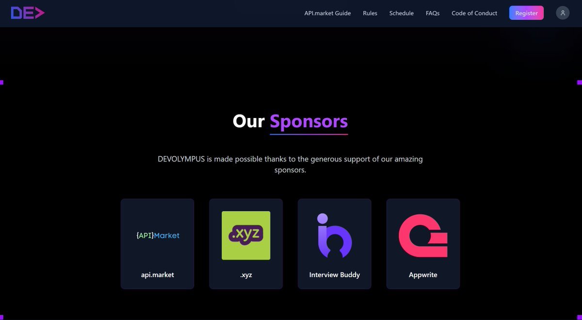 Manas Thakur (@menace_thakur) on Twitter photo Excited to be organizing my very first hackathon tomorrow — devolympus.deviatorsdce.tech
<a href="/clubdeviators/">Deviators Club</a>
This journey wouldn't be possible without the generous support of our sponsors.
Sincere thanks to:
🔹 <a href="/apimarket_/">API Market</a>
🔹 <a href="/xyz/">xyz.xyz</a>
🔹 <a href="/IntrvwBuddy/">InterviewBuddy</a>
🔹 <a href="/appwrite/">Appwrite</a>
Looking forward to Excited to be organizing my very first hackathon tomorrow — devolympus.deviatorsdce.tech
<a href="/clubdeviators/">Deviators Club</a>
This journey wouldn't be possible without the generous support of our sponsors.
Sincere thanks to:
🔹 <a href="/apimarket_/">API Market</a>
🔹 <a href="/xyz/">xyz.xyz</a>
🔹 <a href="/IntrvwBuddy/">InterviewBuddy</a>
🔹 <a href="/appwrite/">Appwrite</a>
Looking forward to