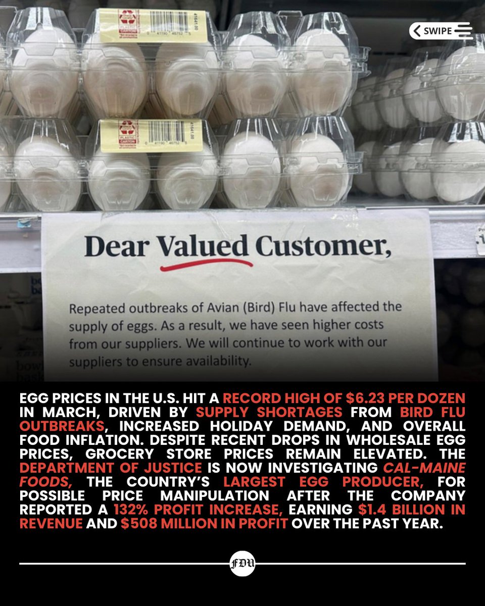 findailyupdate's tweet photo. Egg prices hit a record $6.23/dozen. DOJ is investigating top egg producer Cal-Maine Foods for potential price manipulation amid soaring costs.
#EggPrices #Inflation #Recession #CalMaineFoods #Economy https://t.co/oHrNenni6G