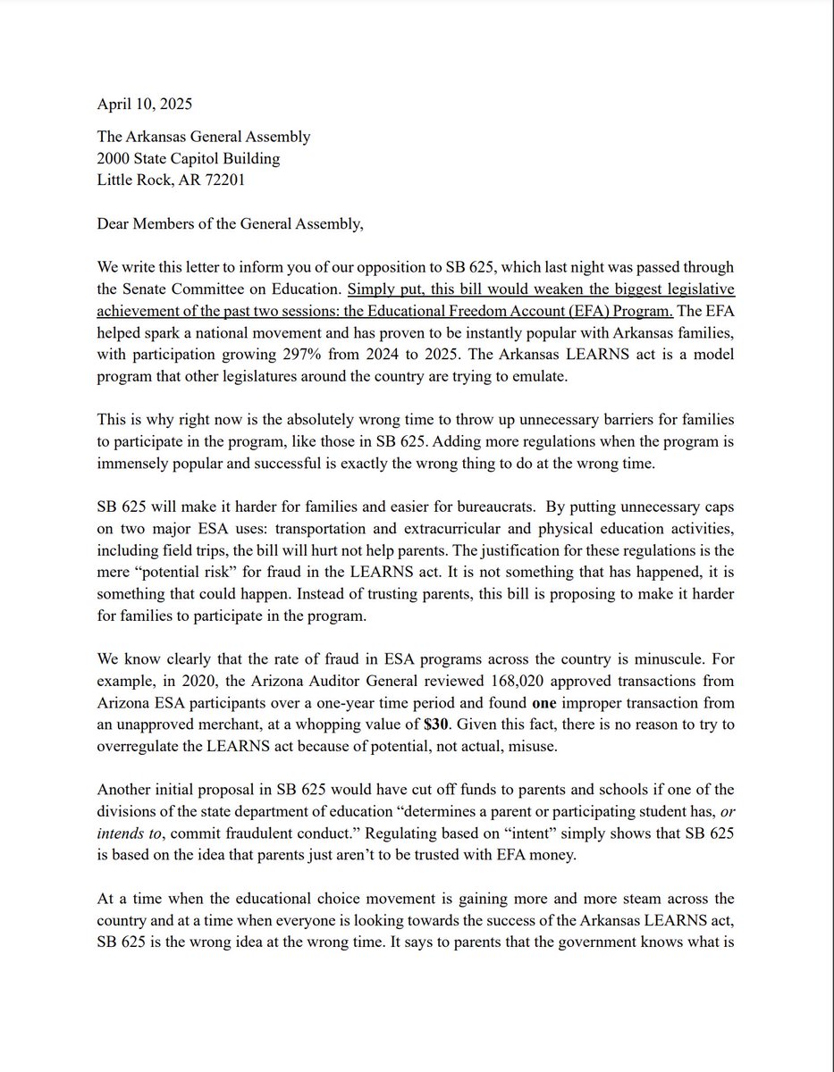 nhhorton's tweet photo. 🚨 NEW: @OppArkansas, @edchoice, @StatePolicy, @ALEC_states, @iheartmyschool, and @AFPArkansas have released a new letter outlining strong opposition to SB625 in Arkansas:
"Adding more regulations when the program is immensely popular and successful is exactly the wrong thing to do at the wrong time. SB625 will make it harder for families and easier for bureaucrats."
Students. First.