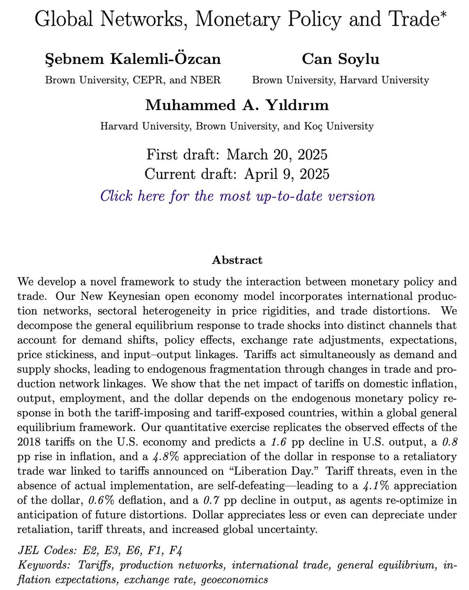Our new paper builds a NKOE model to study interaction of global trade-production networks, monetary policy and trade frictions. Tariffs act as demand and supply shocks and lead to endogenous changes in global networks. Their net impact depends on monetary policy's endogenous