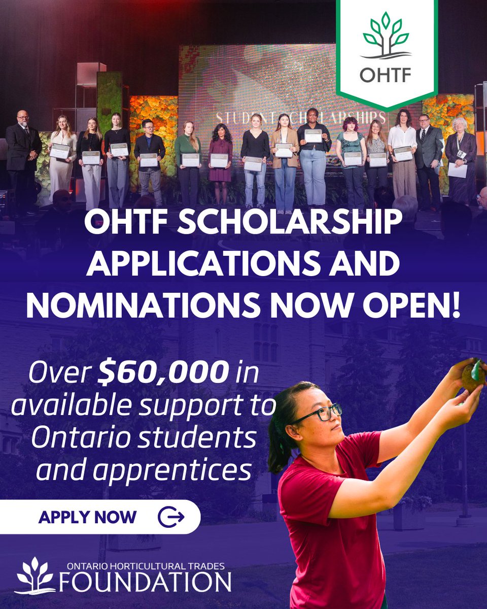 2025 SCHOLARSHIP APPLICATIONS ARE NOW OPEN 🎓
Each year, the OHTF awards over $60,000 in scholarships to Ontario students pursuing a career in landscape and horticulture.

You have until June 30th to apply or nominate an outstanding student: hubs.li/Q03gRJzB0
