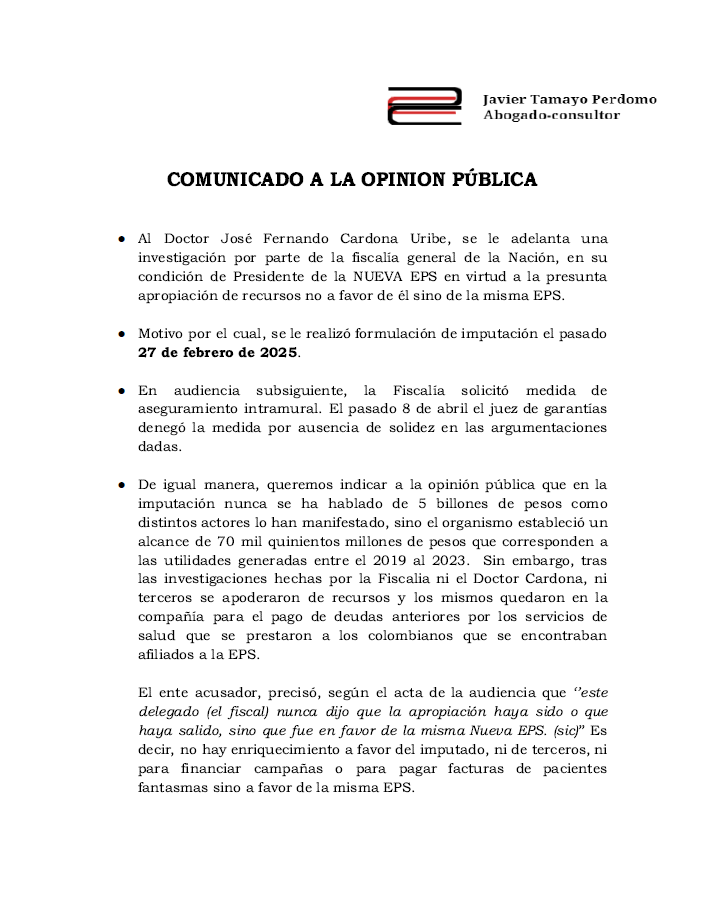 saludenjuicio's tweet photo. Presentamos el comunicado de la defensa de JFC expresidente de NUEVA EPS con respecto a la imputación de la fiscalía el 27 de febrero.  @rcnradio @UltimaHoraCR @acemi_gremio @ANDI_Colombia @ACHC_Col https://t.co/nMGBAwCGJo