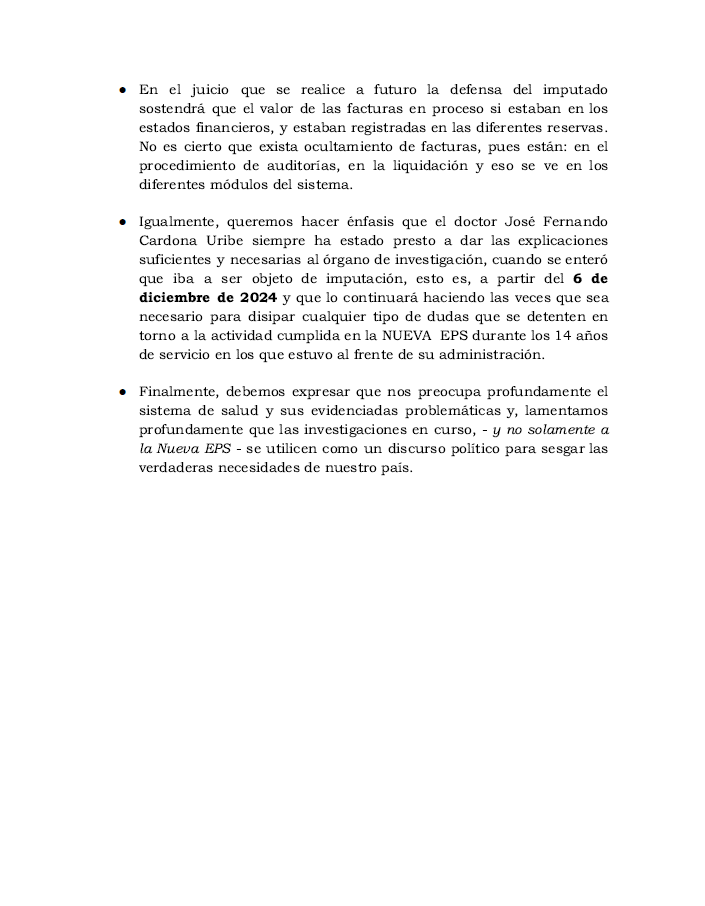 saludenjuicio's tweet photo. Presentamos el comunicado de la defensa de JFC expresidente de NUEVA EPS con respecto a la imputación de la fiscalía el 27 de febrero.  @rcnradio @UltimaHoraCR @acemi_gremio @ANDI_Colombia @ACHC_Col https://t.co/nMGBAwCGJo