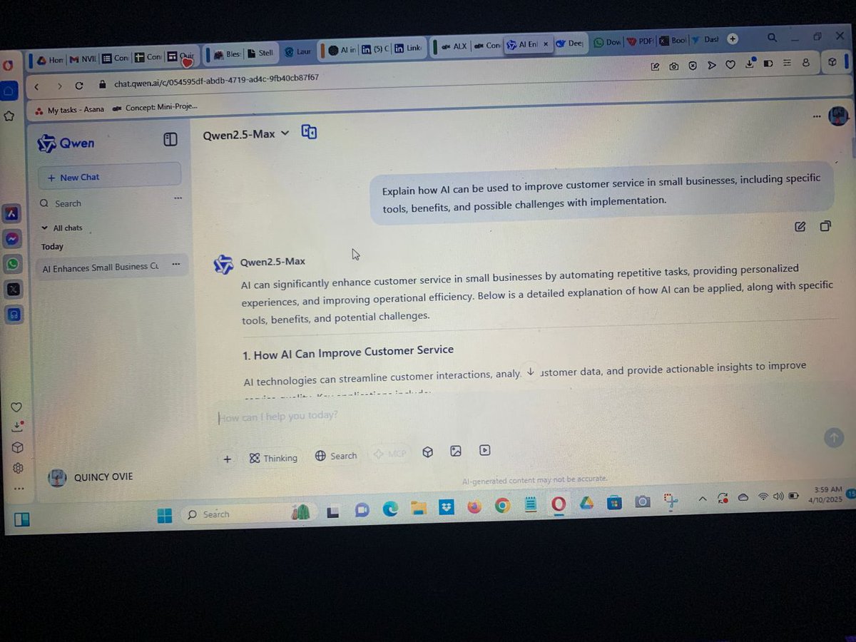 Oquincyjean's tweet photo. Deepsake, Qwen, Gemini & ChatGPT with the same prompt, got similar responses. AI is evolving faster.
Meeting me for the first time, I’m Quincy Ovie, a reliable internet researcher & virtual assistant helping business owners work smarter.
@alx_africa #ALXAISTARTERKIT https://t.co/Lvp83D2IIQ