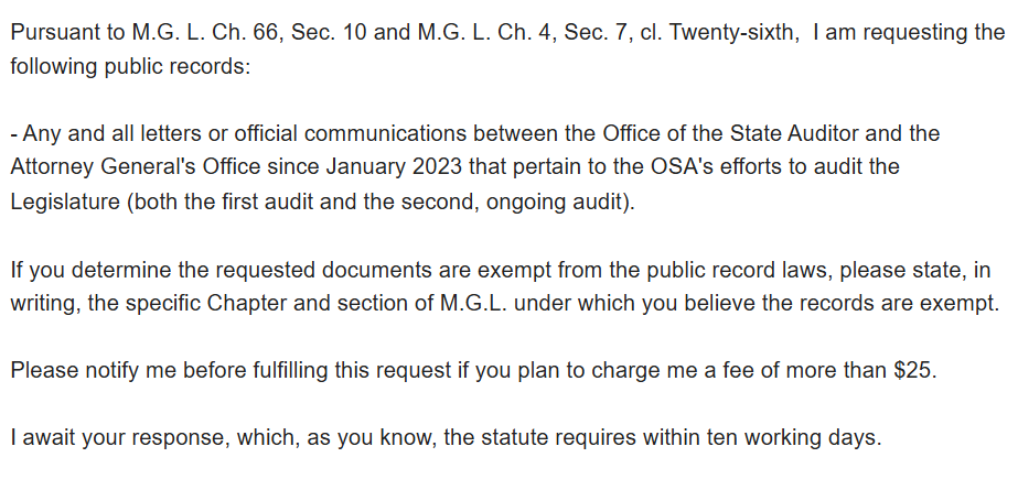 AUDITOR DIZOGLIO VS AGO: For what it's worth, I've had a public records request in with <a href="/DianaDiZoglio/">Diana DiZoglio</a>'s office since March 10 seeking all official communications that pertained to the legislative audit between the two offices since Jan. 2023. #mapoli
