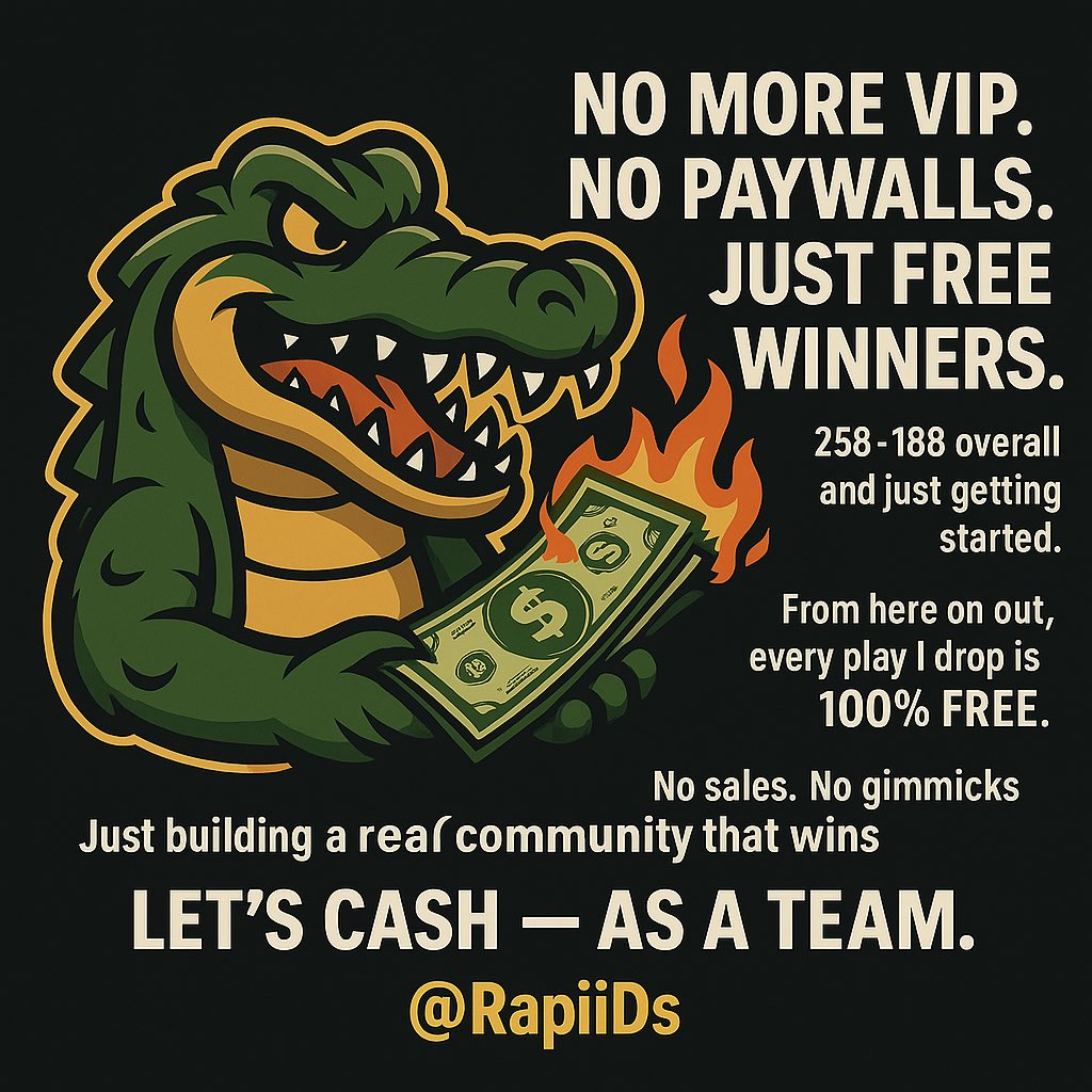 RapiidsBets's tweet image. 🚨 HUGE ANNOUNCEMENT 🚨

After a lot of reflection, I’ve decided to make a major shift in how I run this page.

No more VIP. No subscriptions. No paywalls. 
From this point forward, every single play I post will be 100% FREE ‼️

Why? Because it’s time to do things differently.…