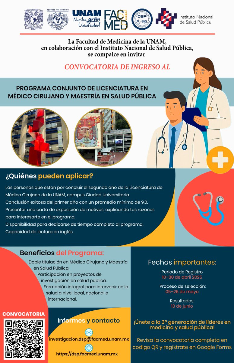 ¿Eres estudiante de 2º año de Médico Cirujano en la UNAM?
Aplica a la doble titulación:
🎓 Licenciatura + Maestría en Salud Pública
🔬 Proyectos de investigación
🌍 Formación con impacto nacional

Registro: 10–30 abril
Info: dsp.facmed.unam.mx
#UNAM #FacMed #SaludPública