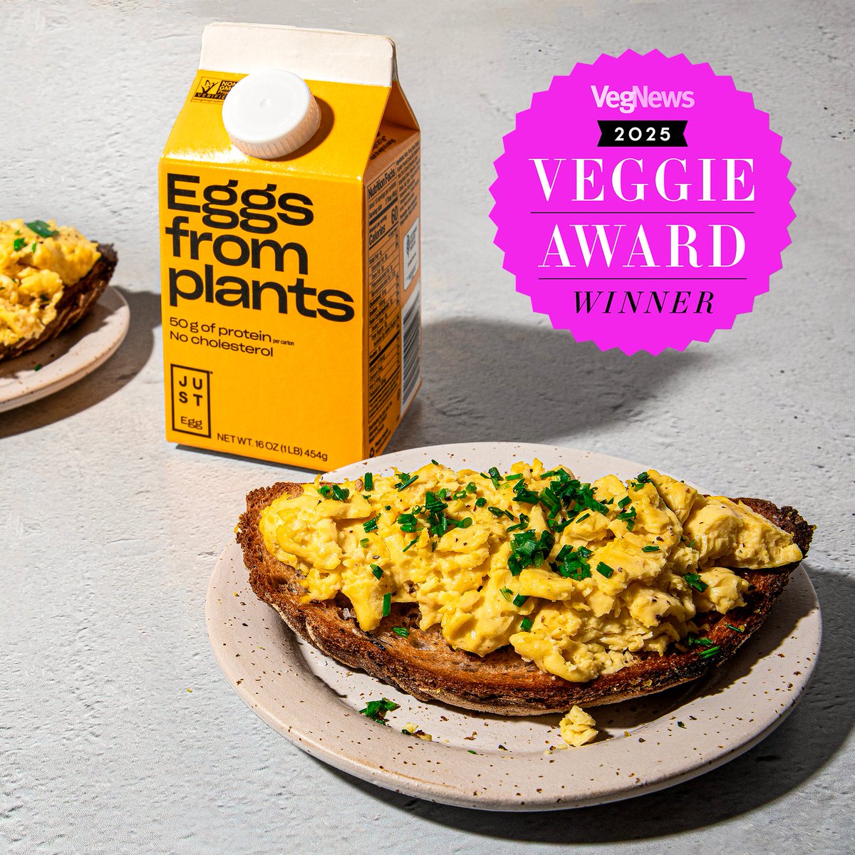 eatjustinc's tweet photo. Two years in a row! We're honored to be voted Best Egg in the @VegNews Veggie Awards. Makes us pretty happy to know you love our plant-based eggs just as much as we do. Thanks for making #JustEgg your #1 💛🌱 https://t.co/KsccBeP53X https://t.co/yBbKw1SACF