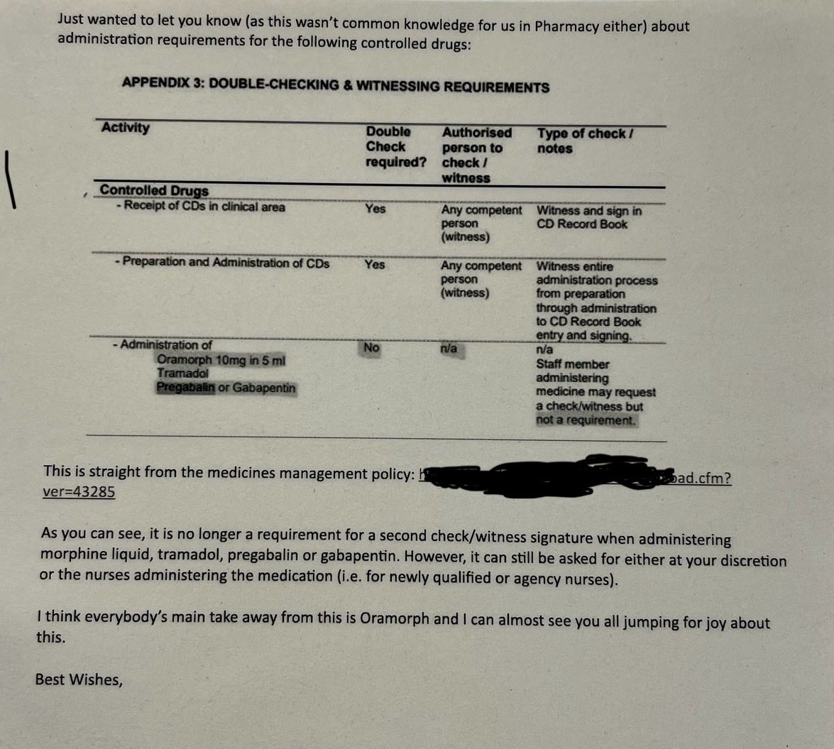 Can any of my pharmacist or clinical friends give me thier opinion of this new advice within a local trust. Why have these checks been downgraded and does it cause any concern for patient or staff safety?
