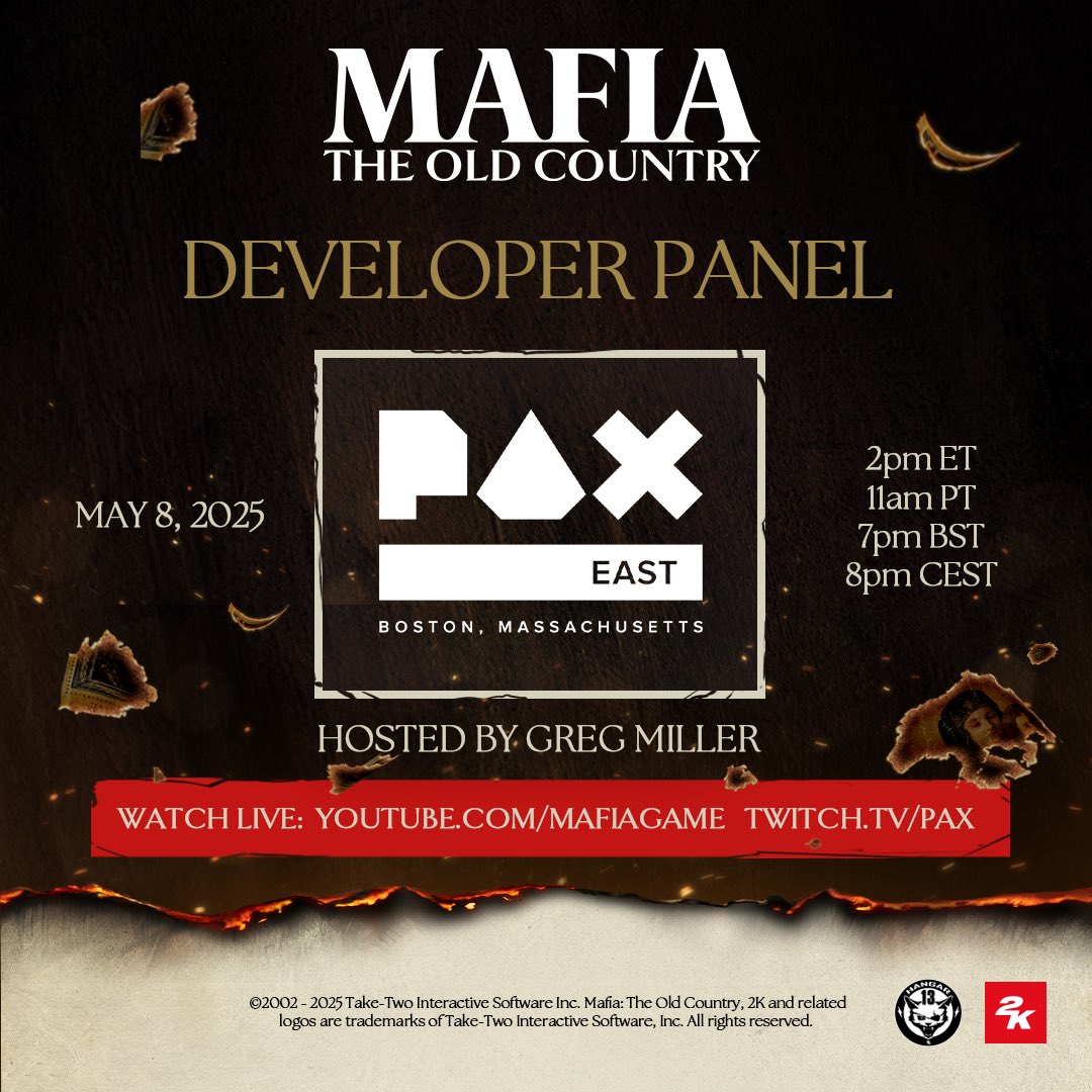 It's official! Mafia: The Old Country is coming to #PAXEast. Join us live in Boston or watch us online on May 8th for our developer panel with Hangar 13, revealing new details and an exclusive behind-the-scenes look at the franchise.

See you there, mafiosos!